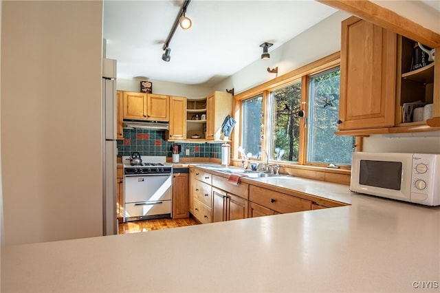 kitchen featuring white appliances, tasteful backsplash, sink, kitchen peninsula, and light hardwood / wood-style flooring