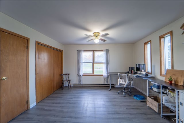 office featuring ceiling fan, a baseboard radiator, and dark hardwood / wood-style flooring