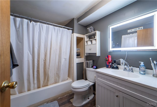 full bathroom featuring vanity, toilet, shower / tub combo with curtain, and hardwood / wood-style floors