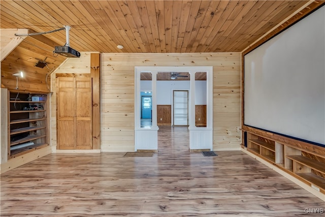 home theater room with hardwood / wood-style floors, wooden walls, and wooden ceiling