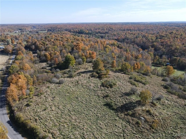 drone / aerial view with a wooded view