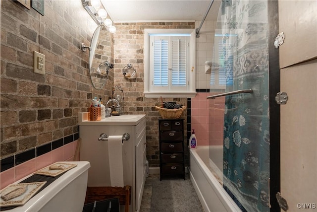 bathroom with vanity and shower / bath combination with curtain