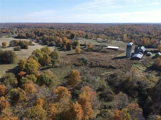 birds eye view of property featuring a wooded view