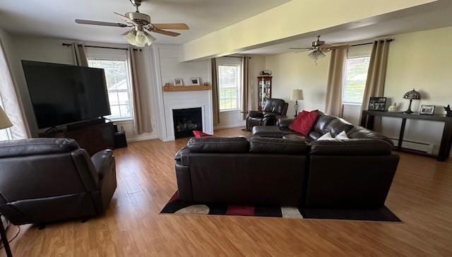 living room with hardwood / wood-style flooring, ceiling fan, and a healthy amount of sunlight