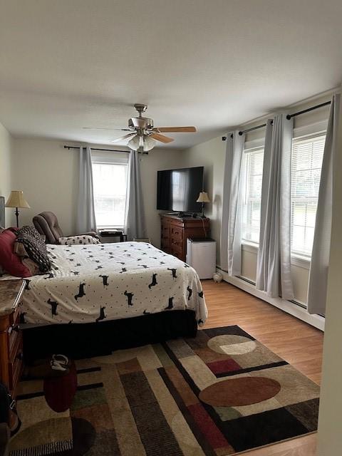 bedroom featuring ceiling fan, a baseboard heating unit, multiple windows, and light hardwood / wood-style flooring