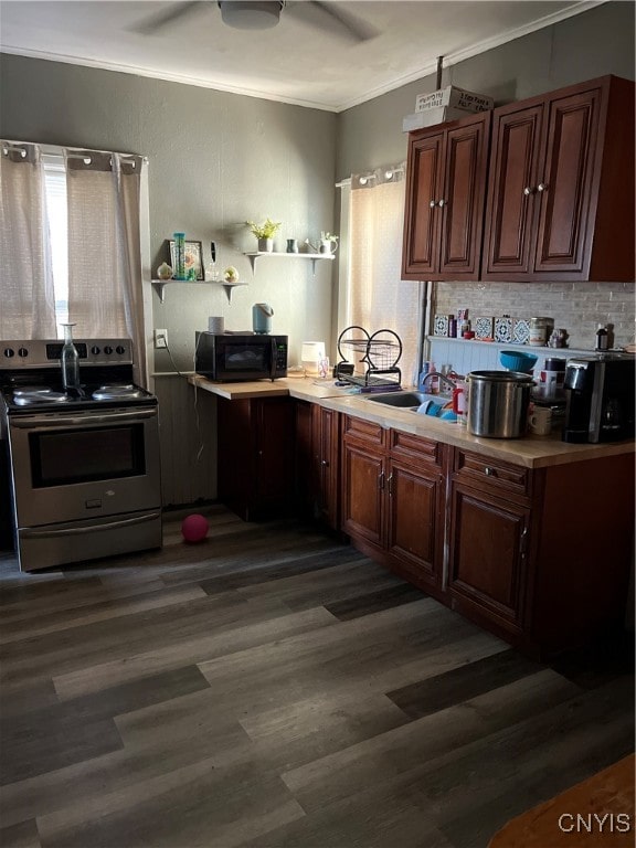 kitchen with dark hardwood / wood-style floors, sink, crown molding, stainless steel range with electric cooktop, and ceiling fan