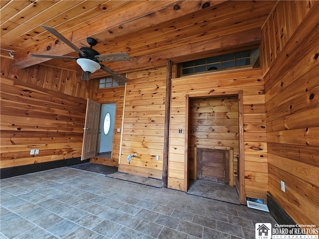 unfurnished room featuring ceiling fan, wood ceiling, and wood walls