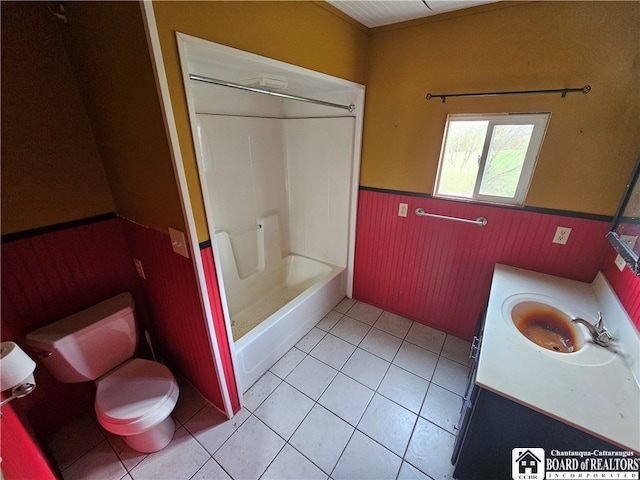 full bathroom with vanity, toilet, washtub / shower combination, and tile patterned flooring