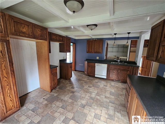 kitchen with beamed ceiling, sink, dishwasher, and decorative light fixtures