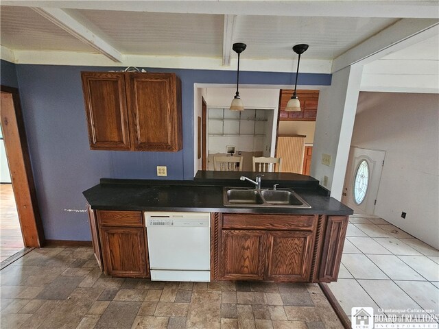 kitchen with sink, beam ceiling, dishwasher, and pendant lighting