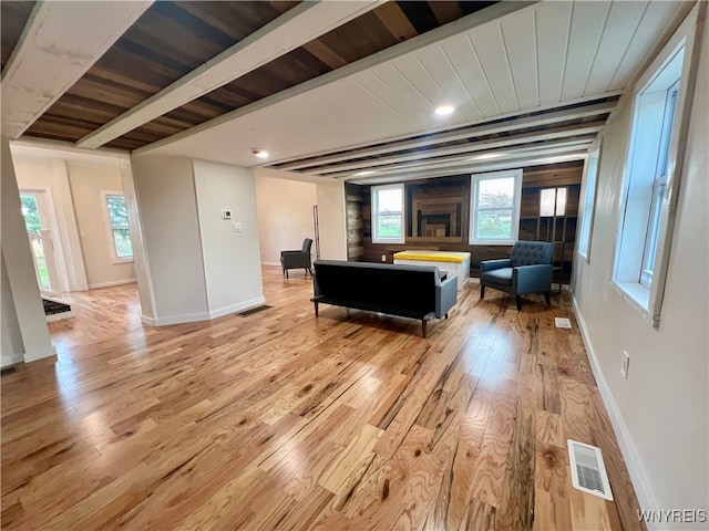 living room featuring wooden ceiling, beamed ceiling, and light wood-type flooring