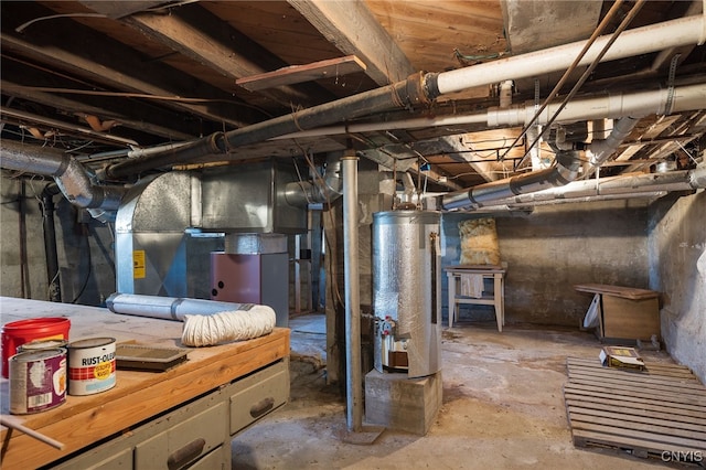 basement with heating unit and gas water heater