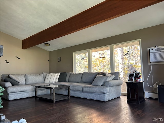 living room featuring a baseboard heating unit, vaulted ceiling with beams, a wall mounted air conditioner, and dark hardwood / wood-style flooring