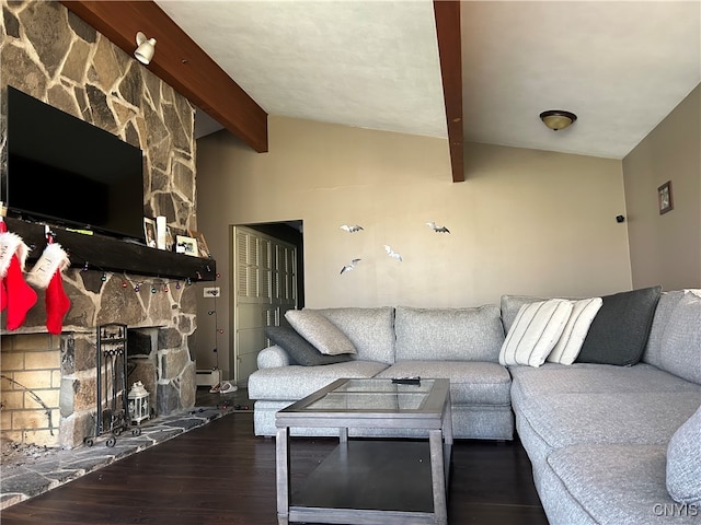 living room featuring a stone fireplace, dark hardwood / wood-style floors, lofted ceiling with beams, and a baseboard heating unit