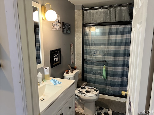 bathroom featuring vanity, toilet, tile patterned floors, and a shower with curtain