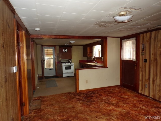 kitchen with wood walls, white range with gas cooktop, and carpet floors