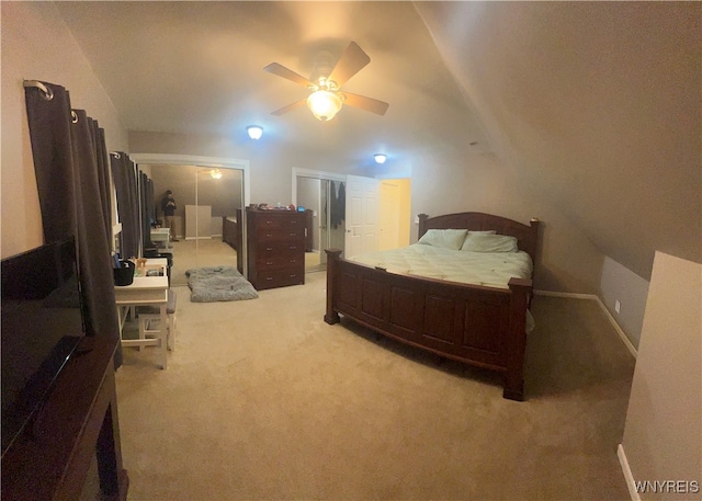 bedroom featuring lofted ceiling, carpet flooring, and ceiling fan