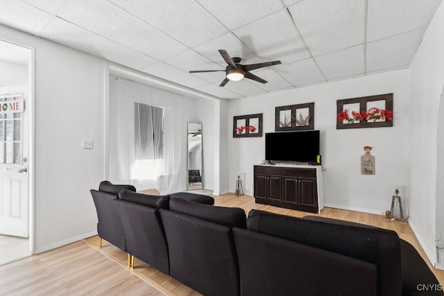 living room with a paneled ceiling, light wood-type flooring, and ceiling fan