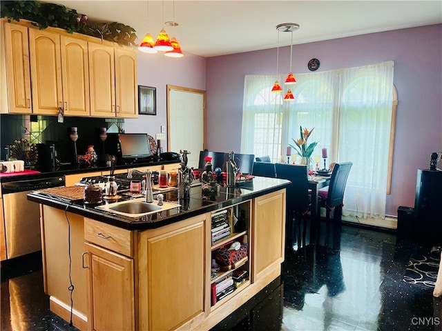 kitchen featuring backsplash, light brown cabinetry, pendant lighting, and an island with sink