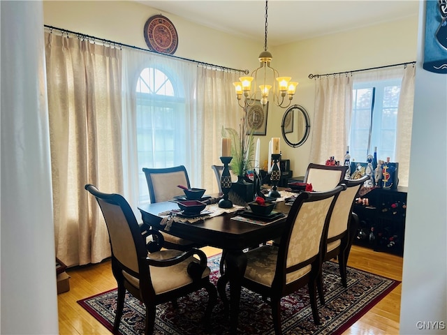 dining space with a notable chandelier, hardwood / wood-style floors, and plenty of natural light