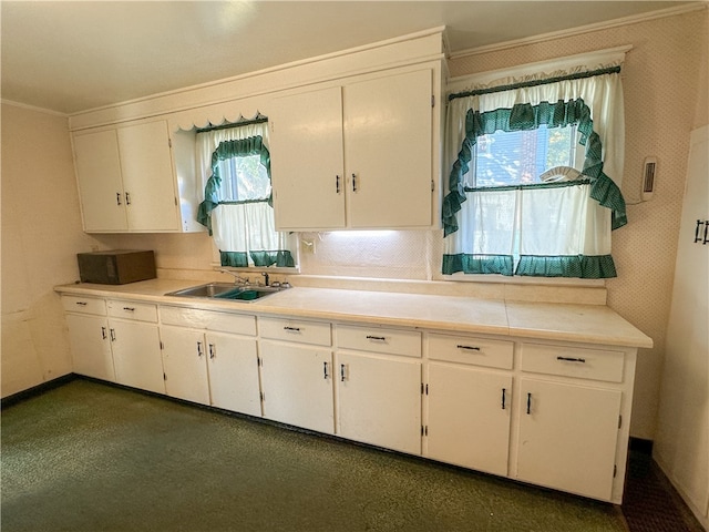 kitchen featuring white cabinetry, crown molding, and sink