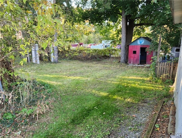 view of yard featuring a storage unit