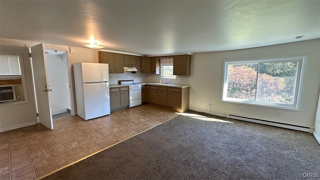 kitchen with a baseboard radiator, cooling unit, sink, light colored carpet, and white appliances