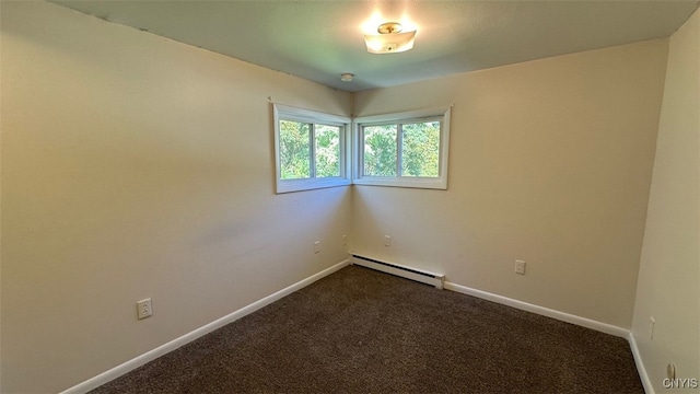 spare room featuring dark carpet and a baseboard radiator