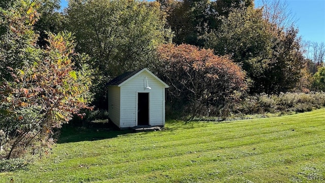 view of yard featuring a storage shed