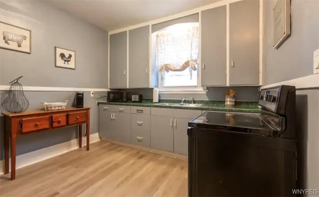 kitchen with light hardwood / wood-style flooring, black appliances, sink, and gray cabinetry