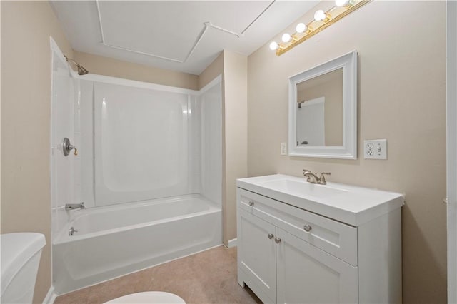 full bathroom with shower / bathtub combination, vanity, toilet, and tile patterned floors