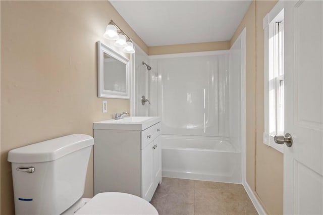 full bathroom with tile patterned floors, vanity, toilet, and shower / washtub combination