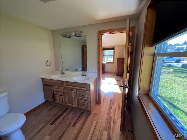 bathroom with toilet, vanity, and wood-type flooring