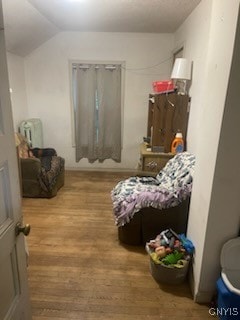 sitting room with lofted ceiling, hardwood / wood-style flooring, and radiator heating unit