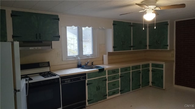 kitchen with green cabinets, sink, ventilation hood, white appliances, and ceiling fan