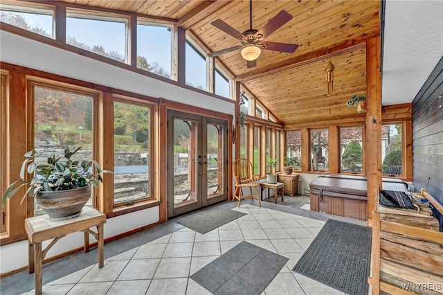 sunroom featuring french doors, wood ceiling, a hot tub, lofted ceiling with beams, and ceiling fan