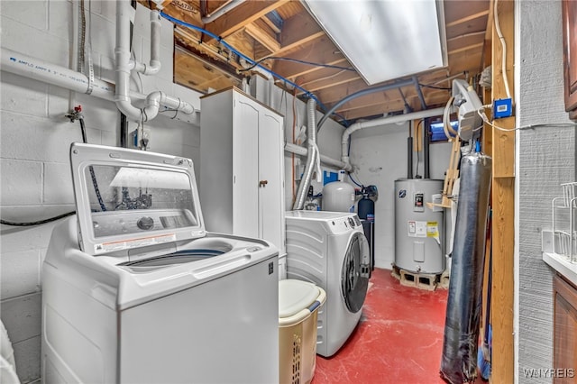 washroom with independent washer and dryer and water heater