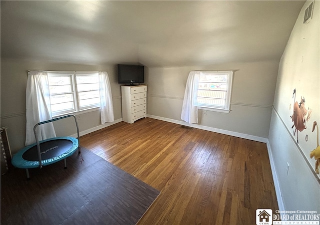 interior space featuring dark hardwood / wood-style flooring, vaulted ceiling, and plenty of natural light