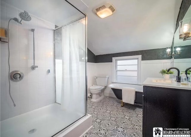 full bathroom featuring tile patterned flooring, vanity, toilet, and plus walk in shower