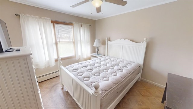 bedroom with ceiling fan, ornamental molding, baseboard heating, and light parquet floors