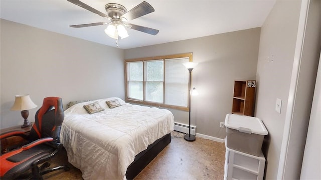 bedroom with a baseboard radiator and ceiling fan