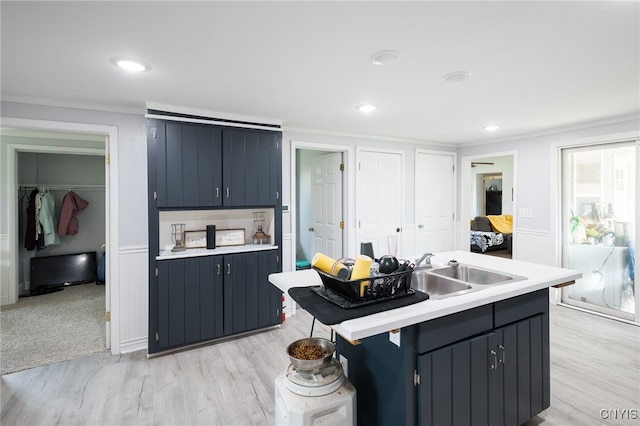 kitchen featuring light hardwood / wood-style flooring, sink, crown molding, and an island with sink