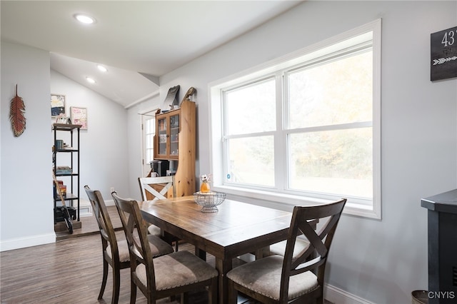 dining area with lofted ceiling and dark wood-type flooring