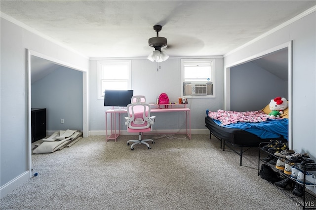 bedroom with ceiling fan, carpet flooring, multiple windows, and ornamental molding