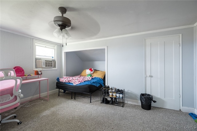 bedroom featuring ornamental molding, cooling unit, carpet floors, and ceiling fan