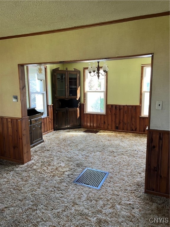 unfurnished living room featuring a textured ceiling, a healthy amount of sunlight, and carpet flooring