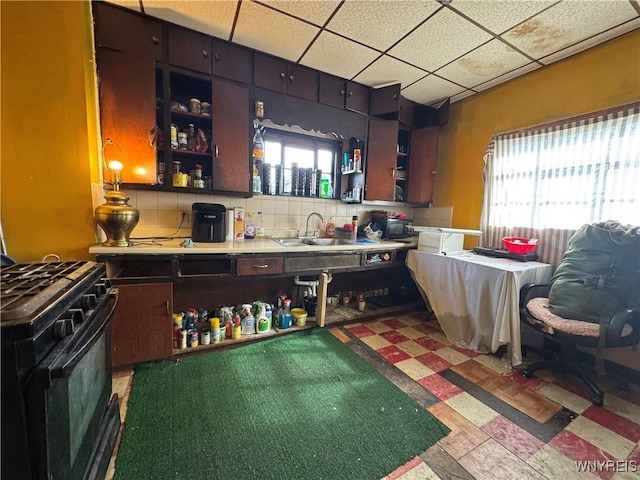 kitchen featuring open shelves, a healthy amount of sunlight, black gas range oven, and a sink