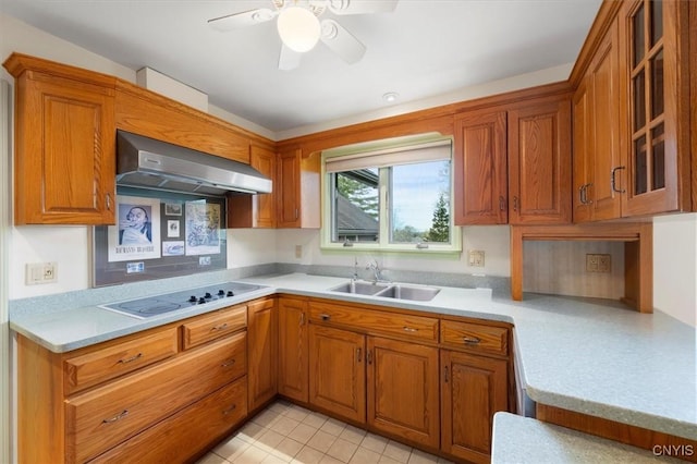 kitchen featuring electric cooktop, sink, ceiling fan, and wall chimney exhaust hood