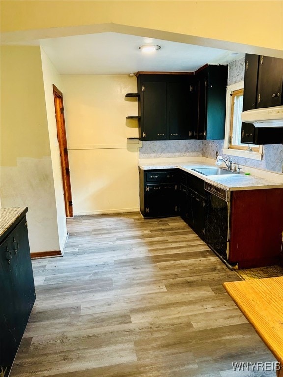 kitchen with black dishwasher, tasteful backsplash, sink, and light hardwood / wood-style floors