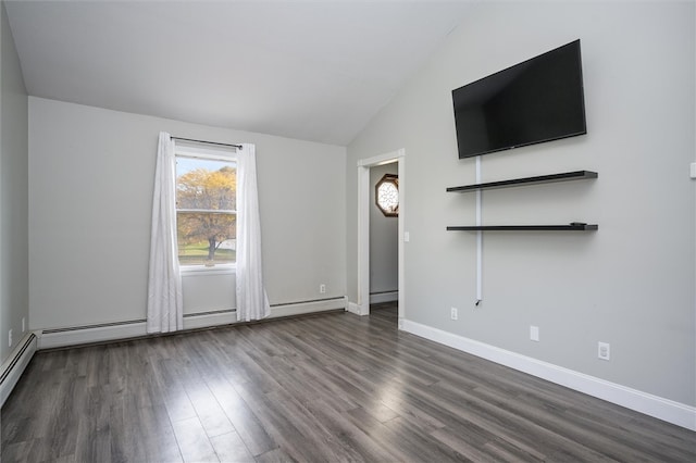 unfurnished living room with dark wood-type flooring, lofted ceiling, and a baseboard radiator